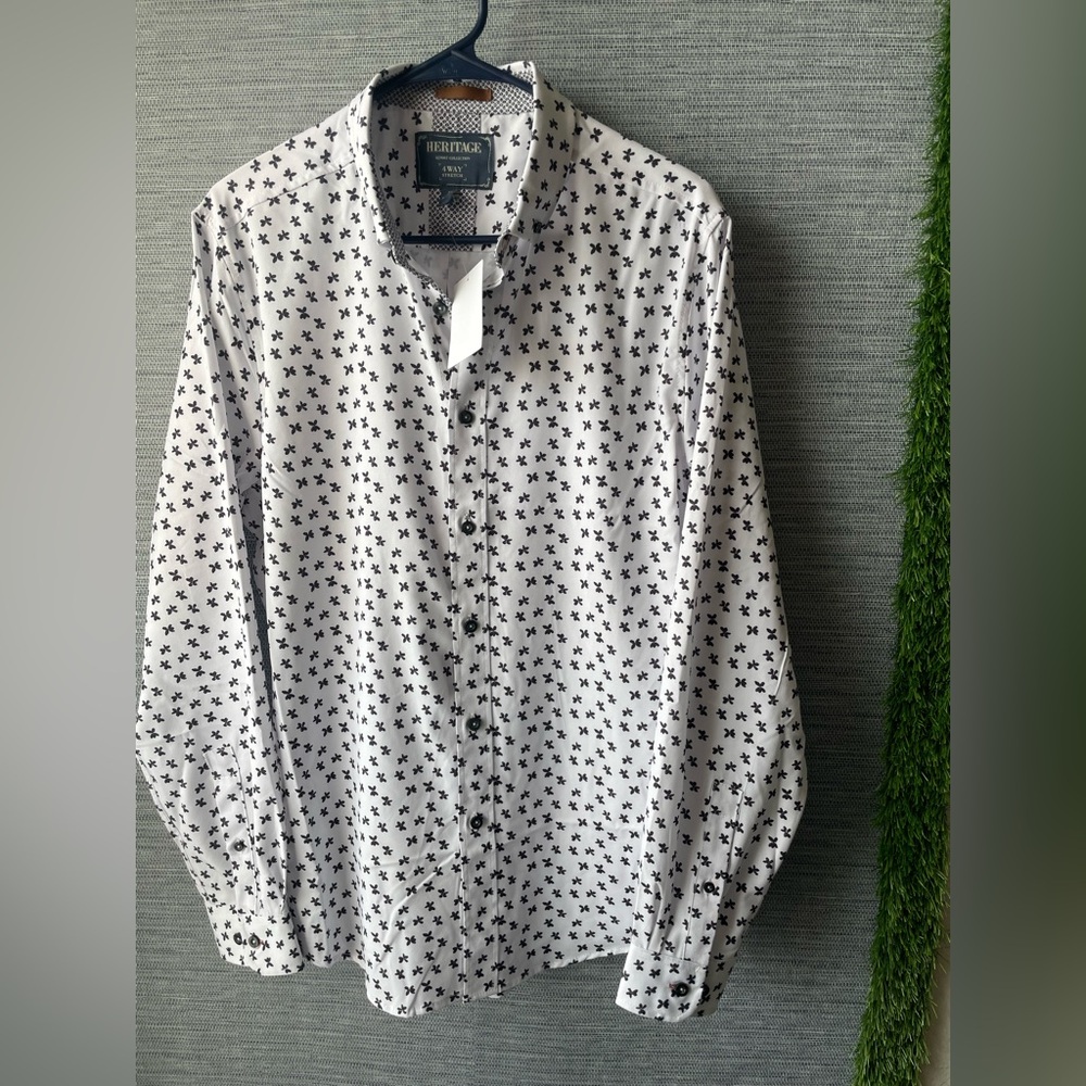 Heritage Men’s White Button-Down Shirt with Black Star Print